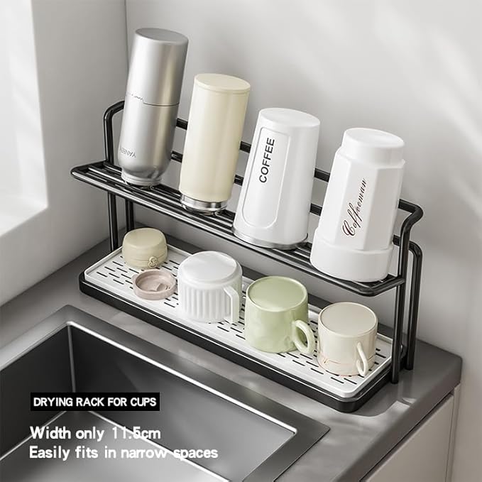 2-Tier Space-Saving Drain Rack with Removable Tray, Cup Storage Rack for Kitchen Sink, Dish Drying Organizer (Black)