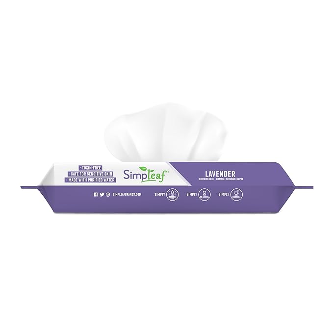 Simpleaf Lavender Essential Oil Flushable Wipes 50 Count (50 Count (Pack of 1), Lavender)