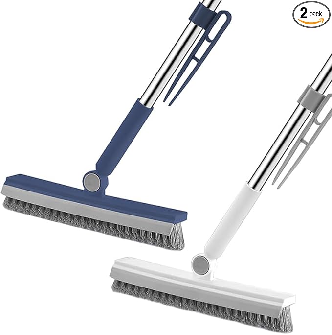 Floor Scrubbing Brush with 57" Adjustable Long Handle,3 in 1 Living Grout Brush with Squeegee,V-Shape Stiff Brush Bristle,Heavy Duty Bathroom Cleaning Brush for Tile,Deck,Patio,Wall,Garage,Kitchen,Blu