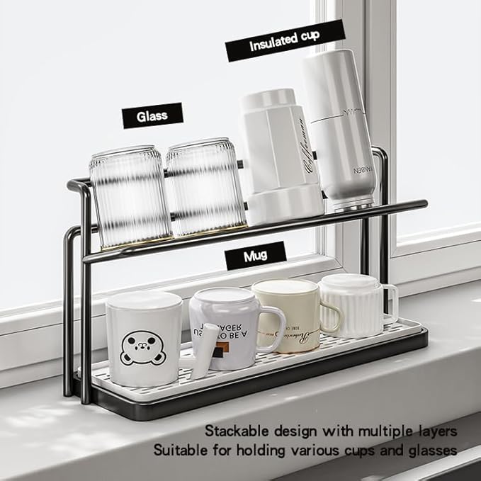 2-Tier Space-Saving Drain Rack with Removable Tray, Cup Storage Rack for Kitchen Sink, Dish Drying Organizer (Black)