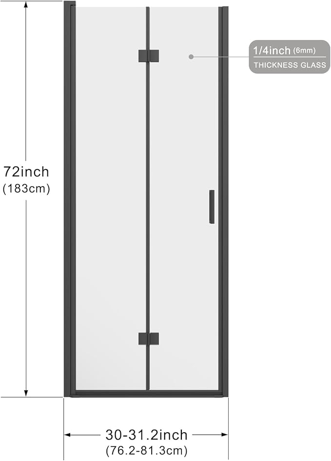 Frameless Bi-Fold Shower Door 30" W x 72" H, 1/4" Clear Tempered Glass, Folding Swing Design, Reversible Installation, Black Finish, Space-Saving Glass Shower Door for Small Bathrooms