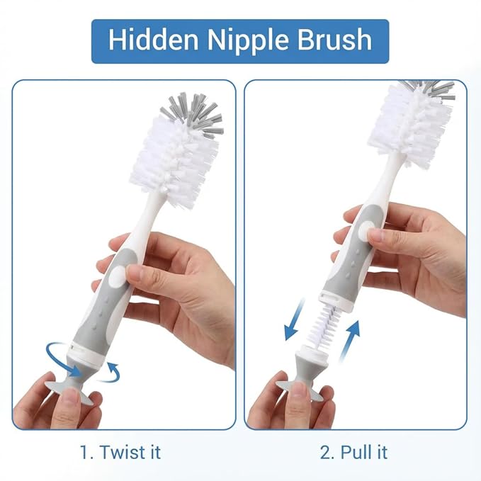 4-in-1 Baby Bottle Brush Set - Including Brushes for Bottles, Straws, Caps, & Nipples - BPA-Free (Grey)