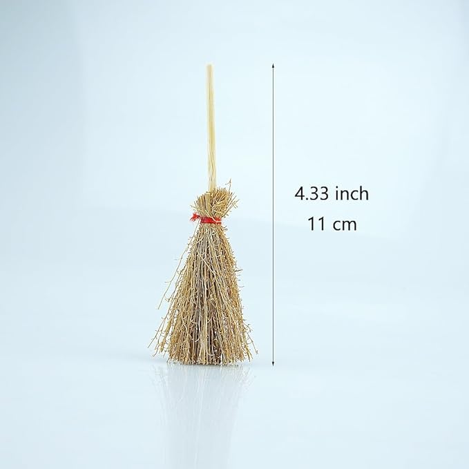15 PCS Mini Straw Brooms Artificial Miniature Craft Witch Broom with Red Ropes for Hanging Halloween Party Decorative Accessory