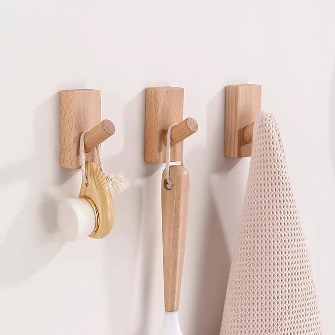 HomeDo 8Pack Adhesive Wall Hooks Hat Rack, Wooden Coat Hooks Wall Mounted, Decorative Hooks Single Organizer Hat Hanger Towel Rack, Heavy Duty Hooks (Rectangle-Beech,8P)