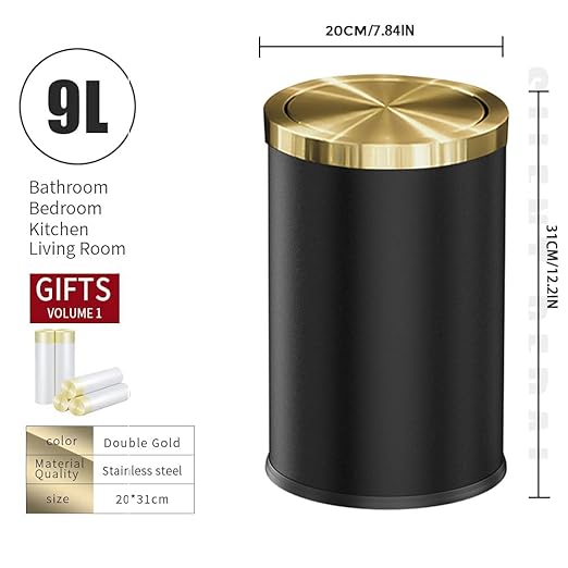 9L/2.4GAL Black Bathroom Trash Can,Gold Small Trash Can with Lid,Garbage cans for Bathroom, Hotel,Office,Lundry,Powder Room (ＢＬＡＣＫ)
