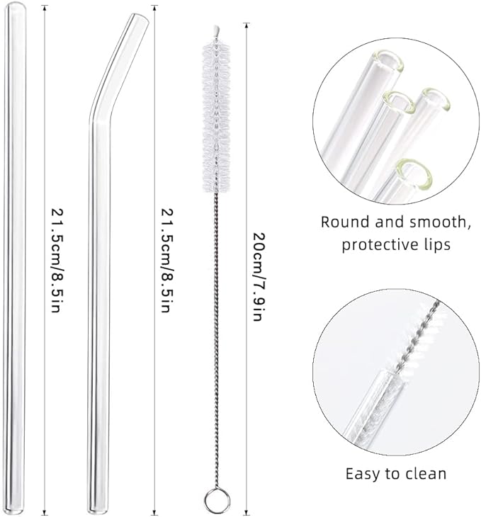 16 Pack Reusable Glass Straws,Set of 6 Straight and 6 Bent with 4 Cleaning Brush,Perfect for Smoothies,Tea, Juice, Milkshakes(8.5''x10 MM)
