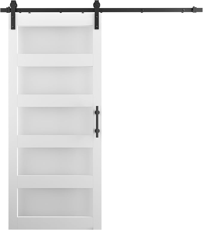 36'' x 84'' Glass Barn Door and 6.6 Ft Hardware Kit Included, MDF White Barn Door Slab with Frosted Glass, PVC Surface, Combined with Handle and Floor Guide-Assembly Required, White