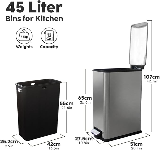 12 Gallon Slim Trash Can Kitchen, Stainless Steel Large Trash Can with Lid, Removal Inner Bucket, Pedal Kitchen Trash Can 45 Liter, Kohler Grey