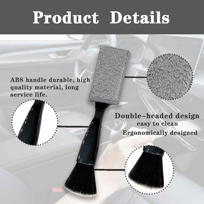 Double-Headed Car Cleaning Brush, Car Detailing Brush, Durable, Easy to Store Without damaging Interior Surfaces; Suitable for Cleaning dashboards (2PCSBlack)