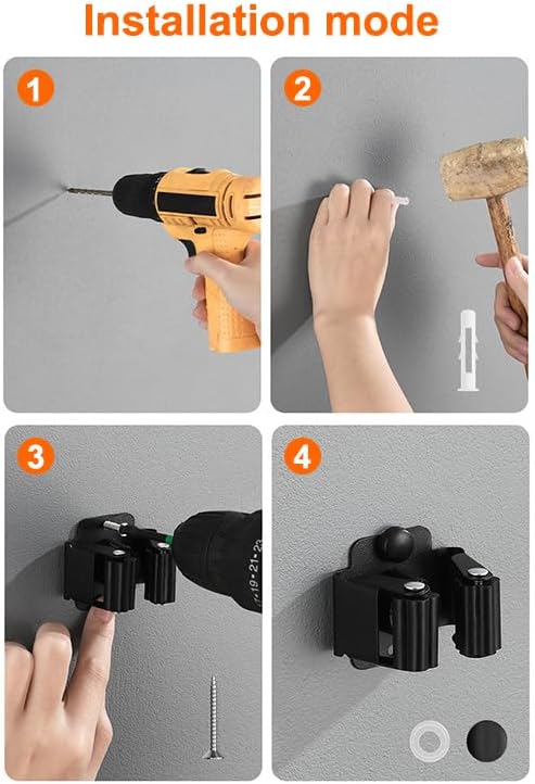 AKOAK Broom and Mop Rack Holder, Wall Storage Organizer, Screw Mount, Garden Tool Organizer Stainless Steel Mop Rack, Home, Kitchen, Bathroom, Garden, Garage Storage (4 PCS, Black)