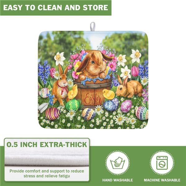 Easter Bunnies Eggs Dish Drying Mat for Kitchen Counter,Spring Colorful Flowers Drying Mat 16 x 18 Inch with High Absorbent Microfiber Drainer Mat for Coffee Bar