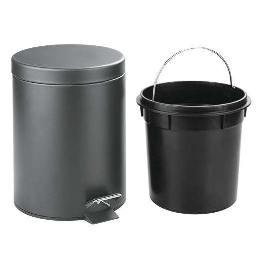 InterDesign 5-Liter Steel Step Waste Can with Bucket Insert – Matte Gray 5L