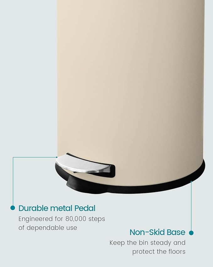 8 Gallon Trash Can, Stainless Steel Round Trash Can with Lid, Removal Inner Liner, Soft Close, Step on Pedal Trash bin for Kitchen, Office, Living Room or Bathroom, Cream