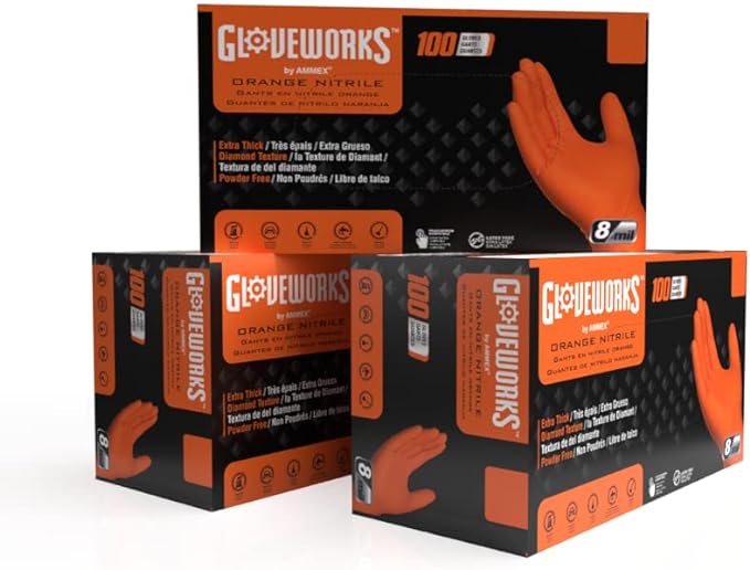 GLOVEWORKS 8 Mil Orange Nitrile Disposable Gloves Heavy Duty Industrial RDT for Mechanic and Automotive Shops Latex Free