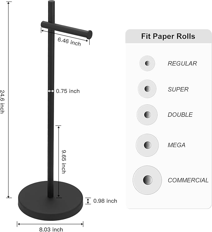BWE Black Toilet Paper Holder Free Standing Toilet Paper Holder for Bathroom Toilet Paper Storage Holder Stand with Non-Slip Stable Base Modern Stainless Steel Toilet Tissue