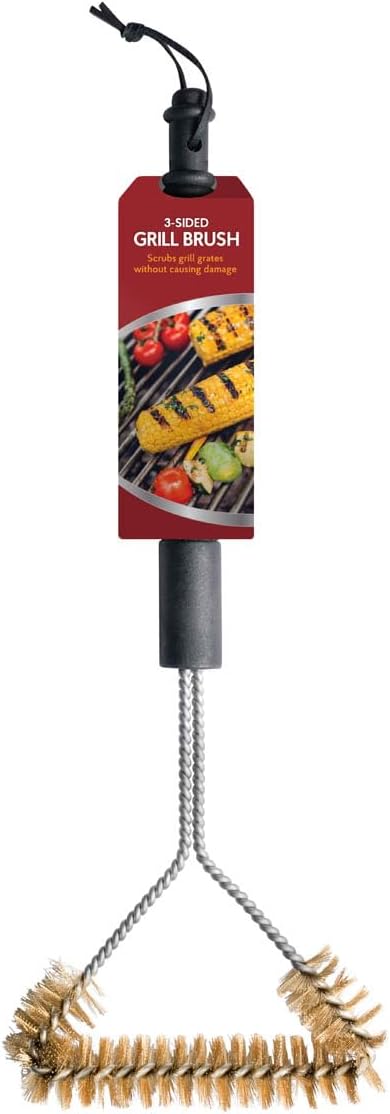 HIC Kitchen Roasting 3-Sided Grill Cleaning Brush with Non-Scratch Brass Bristles, 16.5-Inches Long