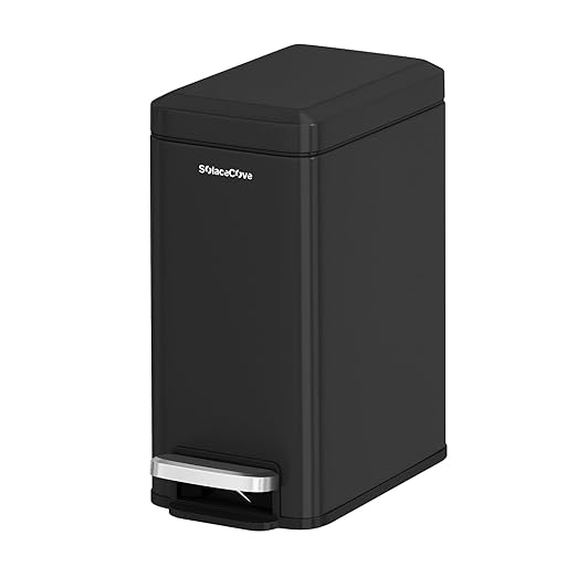 Slim Bathroom Trash Can with Lid Soft Close, 6 Liter/1.6 Gallon Stainless Steel Small Garbage Can with Removable Inner Bucket, Step Pedal, Slim Wastebasket for Toilet, Office, Bedroom, Black