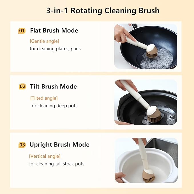 Twist-Handle Dish Brush, 30/60/90° Adjust Angle Instantly Long Handle Bottle Brush, with Built-in Tweezers, Scrub Brush for Pans, Pots, Stove, Kitchen Sink Cleaning