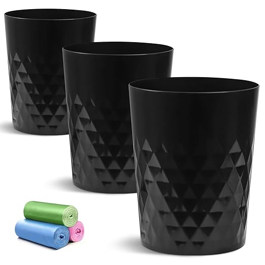 YGJT Small Trash Can, 3 Pack 1.8 Gallons Bathroom Trash Can, Slim Waste Basket, Round Garbage Can, Plastic Trash Bin for Kitchen, Dorm, Bedroom, Office, Living Room, Study, Compact Spaces(Black B)