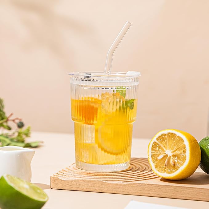 13oz Glass Tumblers with Lids and Straws, Set of 2 - Stylish Ribbed Design Drinking Glasses for Iced Coffee, Juice, Smoothies, Cold Beverages, Includes Cleaning Brush, Durable Glassware