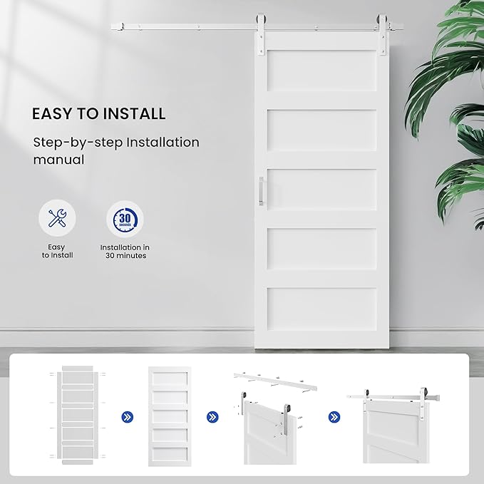 SmartStandard 36x96 inch White Barn Door with 6.6FT Brushed Nickel Sliding Door Hardware Track Kit Included, Solid MDF Slab, Waterproof PVC Surface, 5-Panel, Suitable for Openings up to 34in x 94in