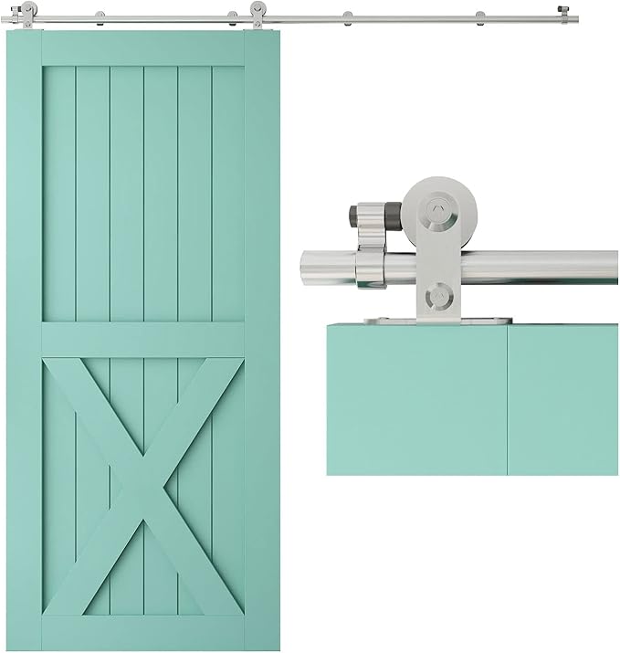 TSMST 5.5FT Stainless Steel Sliding Barn Door Hardware Kit, Top Mount Heavy Duty Sturdy Barn Door Track for Single Wood Door (T Style)