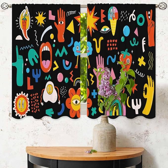 Cartoon Retro Symbol Kitchen Curtains Funny Crazy Abstract Shapes Hipster Music Modern Humor Short Tier Curtains for Bathroom Cafe Small Window Drapes Treatment 2 Panels (27.5x39 Inch)