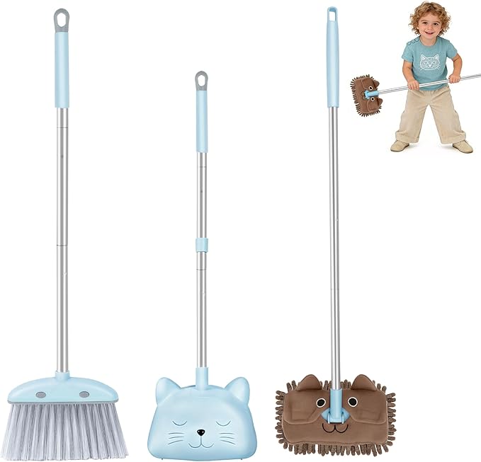 Kids Cleaning Toy 3-Piece Set - Broom, Dustpan & Mop | 28-Inch Mini Broom, Toddler Household Helper, Perfect Tool for Cleaning Tiny Corners, Adorable Cartoon Style (Blue)