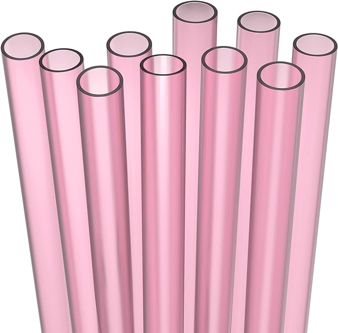 10 EXTRA WIDE Long Reusable Hard Plastic Drinking Straws + Cleaning Brush - Fat Thick Large Jumbo Straws for Smoothies and Milkshakes - Pink - Dishwasher Safe BPA Free