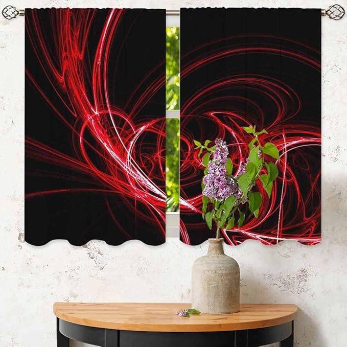 Red Circle Kitchen Curtains Abstract Red Circles Lines Black Mystical Short Tier Curtains for Bathroom Cafe Small Window Drapes Treatment 2 Panels (27.5x39 Inch)