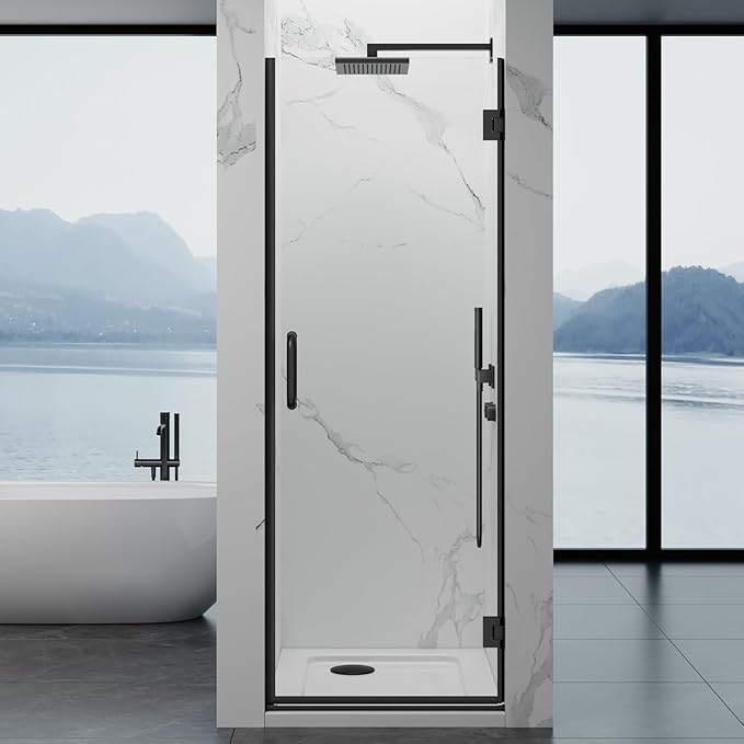Framelss Single Swing Hinged Shower Door, 28" W x 76" H Pivot Shower Door, 5/16" (8mm) Tempered Glass with Nano Coating, SGCC Certified, Glass Door for Walk-in Shower - L02-28 (Matte Black)