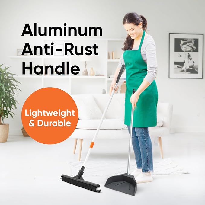 Superio Silicone Broom - Carpet Rake with 35" Long Handle Dustpan Set - Rubber Broom for Pet Hair on Carpet & Hardwood Floors, Stand-Up Dustpan with Aluminum Handle - Gray