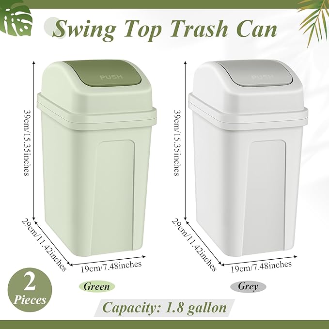 Sumind 2 Pcs 2.6 Gallon Bathroom Trash Can with Swing Lid Small Garbage Can Plastic Bathroom Trashcan Garbage Bin for Kitchen Waste Bedroom Room Outdoor (Green and Beige)