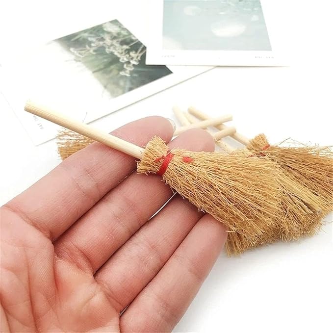 5Pcs Mini Witch Brooms for Dollhouse, Handmade 1:12 Scale Broomstick Set, Fairy Cottage Display and Cosplay Props