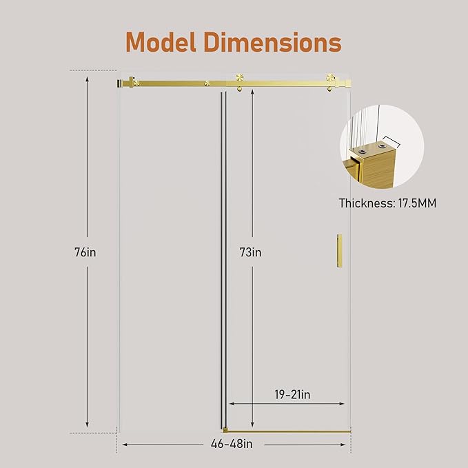 46-48 Inch Frameless Sliding Shower Door, 76" Height, 5/16" (8mm) Clear Tempered Glass, Smooth Gliding Track & Anti-Jumping System, Stainless Steel Brushed Gold Finish