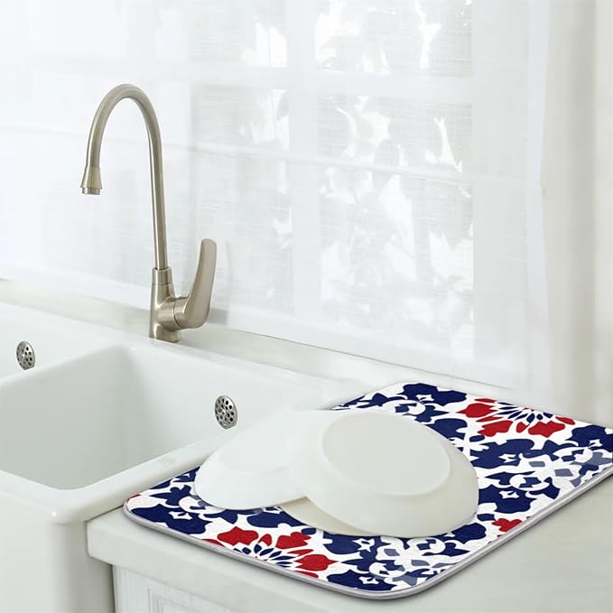 Dish Drying Mat for Kitchen Absorbent Drying Mat Reversible Dish Drying Pad Dish Drying Mats for Kitchen Counter Utensils Pots Water Cup Flowers