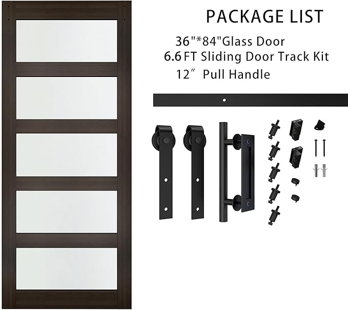 BARNSMITH 36in x 84in Glass Barn Door with 6.6FT Sliding Door Hardware Kit Included & Handle,5-Panel Frosted Glass Solid Wood Slab with Water-Proof PVC Surface,Pre-Drilled Easy Assembly,Brown