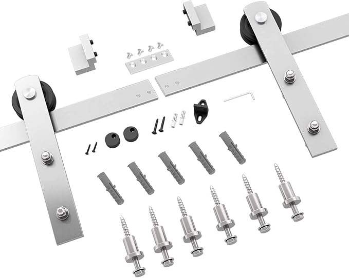 SMARTSTANDARD 8 Feet Brushed Nickel Sliding Barn Hardware Kit-Sturdy Silvery Track-Smoothly and Quietly-Simple and Easy to Install-Fit 48" Wide Door Panel (I Shape Hanger)