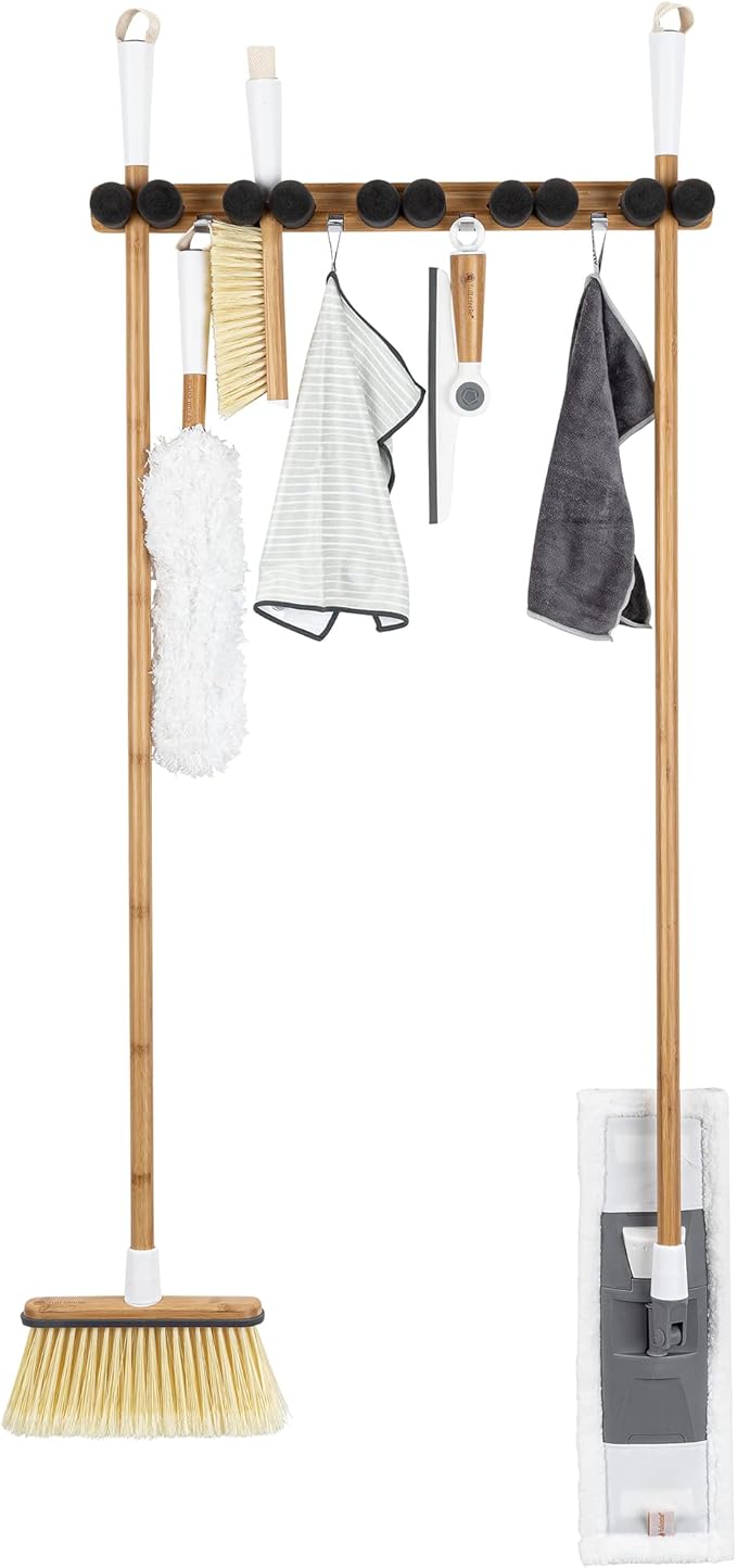 Full Circle Get A Grip, Wall-Mounted Mop and Broom Organizer, Lightweight Bamboo with Foam Pegs, Easy to Install Home Organization, Also Perfect for Garden Tools and Garage, Large