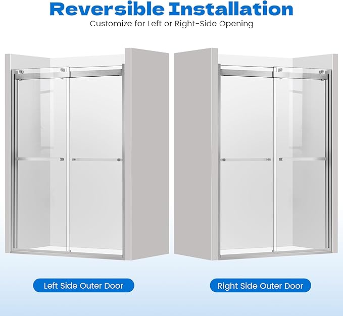 Sliding Shower Door, 44-48" W x 76" H Semi-Frameless Double Sliding Glass Shower Door with 5/16'' (8mm) Clear ASNI SGCC Tempered Glass, Bypass Shower Enclosure, Brushed Silver
