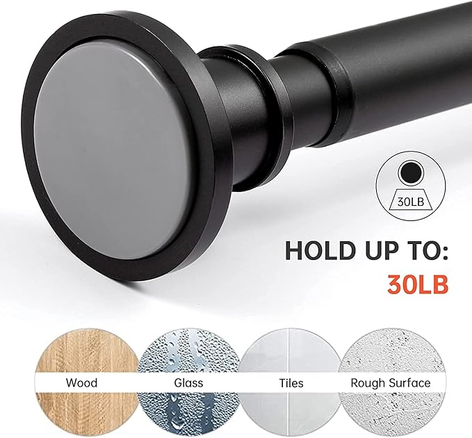 BRIOFOX Industrial Shower Curtain Rod - Rustproof Non-Slip Long Tension Shower Rod 54-90 Inch Stainless Steel Tension Curtain Rod for Windows, Matte Black