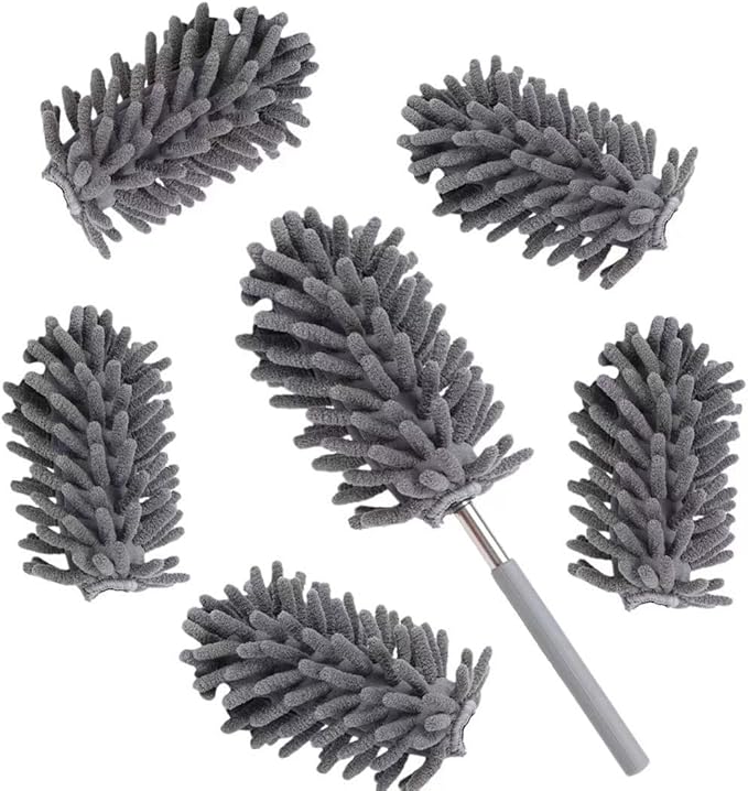 Microfiber Duster for Cleaning,6 Pcs Hand Washable Dusters with 11" to 29.5" Reachable Pole,Small Dusters for Cleaning Office Car Computer Furniture Sofa Ceiling Fan (Grey)