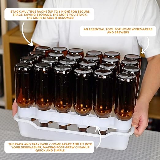 FASTFERMENT - 24-Bottle Drying Rack & Tray| Bottle Drying Tree Alternative | Dry & Store Your Wine or Bomber/Belgian Bottles | Stackable | White | Dishwasher Safe | Home Brewing Supplies