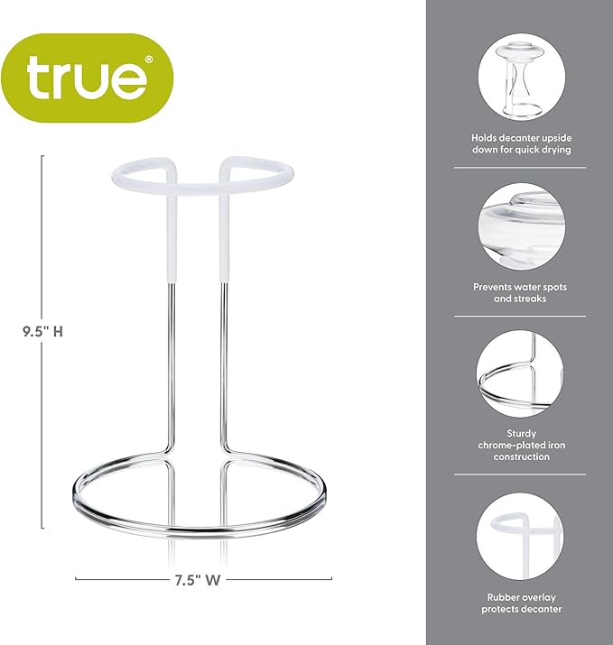 True Wine Decanter Drying Stand and Holder, Essential Accessory Glassware Rack for a Spot-Free Finish, Rubber Coating Protects Glass, Chrome Plated Iron
