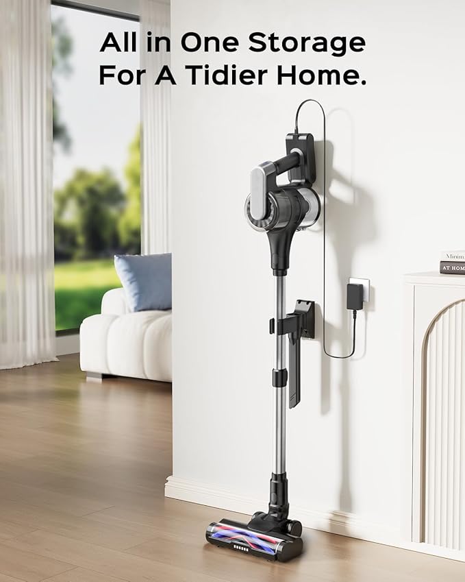 Cordless Stick Vacuum Cleaner – 3-in-1 Brush Roll for Hard Floors and Carpets, 55 Min Runtime Rechargeable Lightweight Vacuum with Green LED Headlight for Pet Hair and Dust Cleaning
