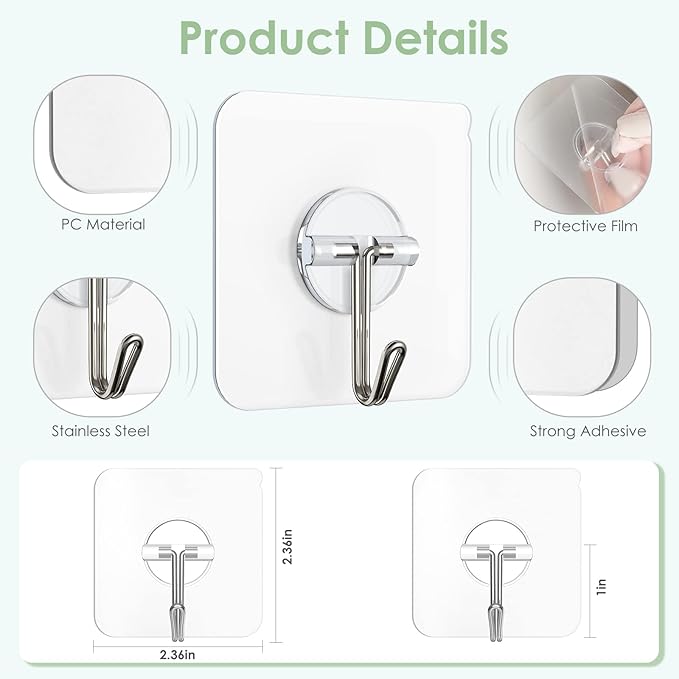 Wall Hooks for Hanging, Clear Removable Window Hooks 13 lb Stainless Steel Stick on Hooks Waterproof Self Adhesive Hooks for Shower Door Ceiling Kitchen Cabinet 10 Pack
