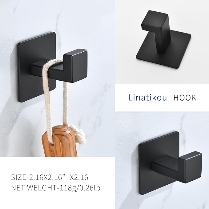 Matte Black Adhesive Hooks, 2-Pack Stainless Steel Right Angle Hooks for Towels, Robes, Hats - No Drill Bathroom & Kitchen Organization, Rust-Proof for Smooth Surfaces