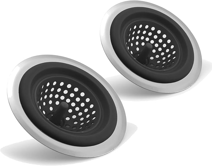 2 Pack Silicone Sink Drain Strainer | 4.5 Inch Wide Rim Filter Kitchen Strainer with Stainless Steel Core - Prevent Clogging & Protect Pipes, Large Drain Protector for Home Improvement