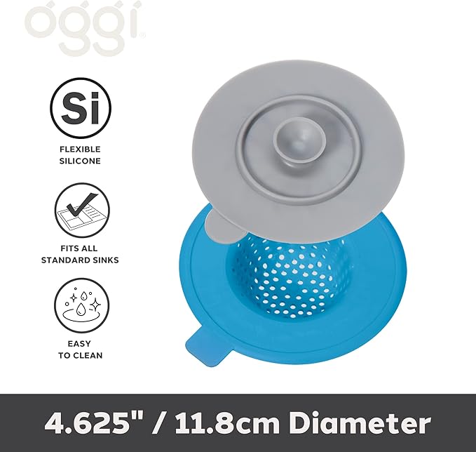 OGGI Silicone Sink Strainer & Stopper Set- Great Kitchen Sink Strainer, Silicone Drain Stopper, Sink Drain Strainer, Sink Plug 4.6˝ Diameter Rim, Turquoise (Pack of 2)