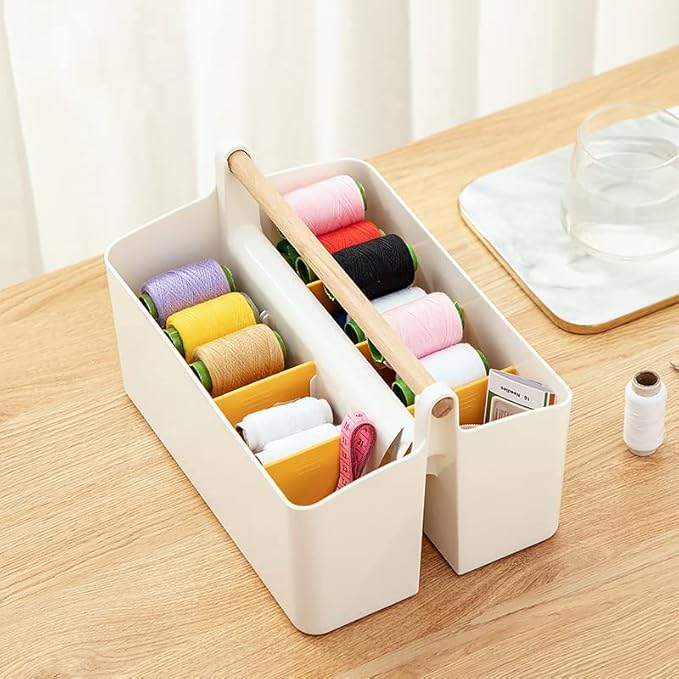 Large Portable Caddy Tote with Handle, Plastic Craft Storage Organizer Basket with Adjustable Divided for Art Supplies, Sewing, Colored Pencils, Makeup-Yellow